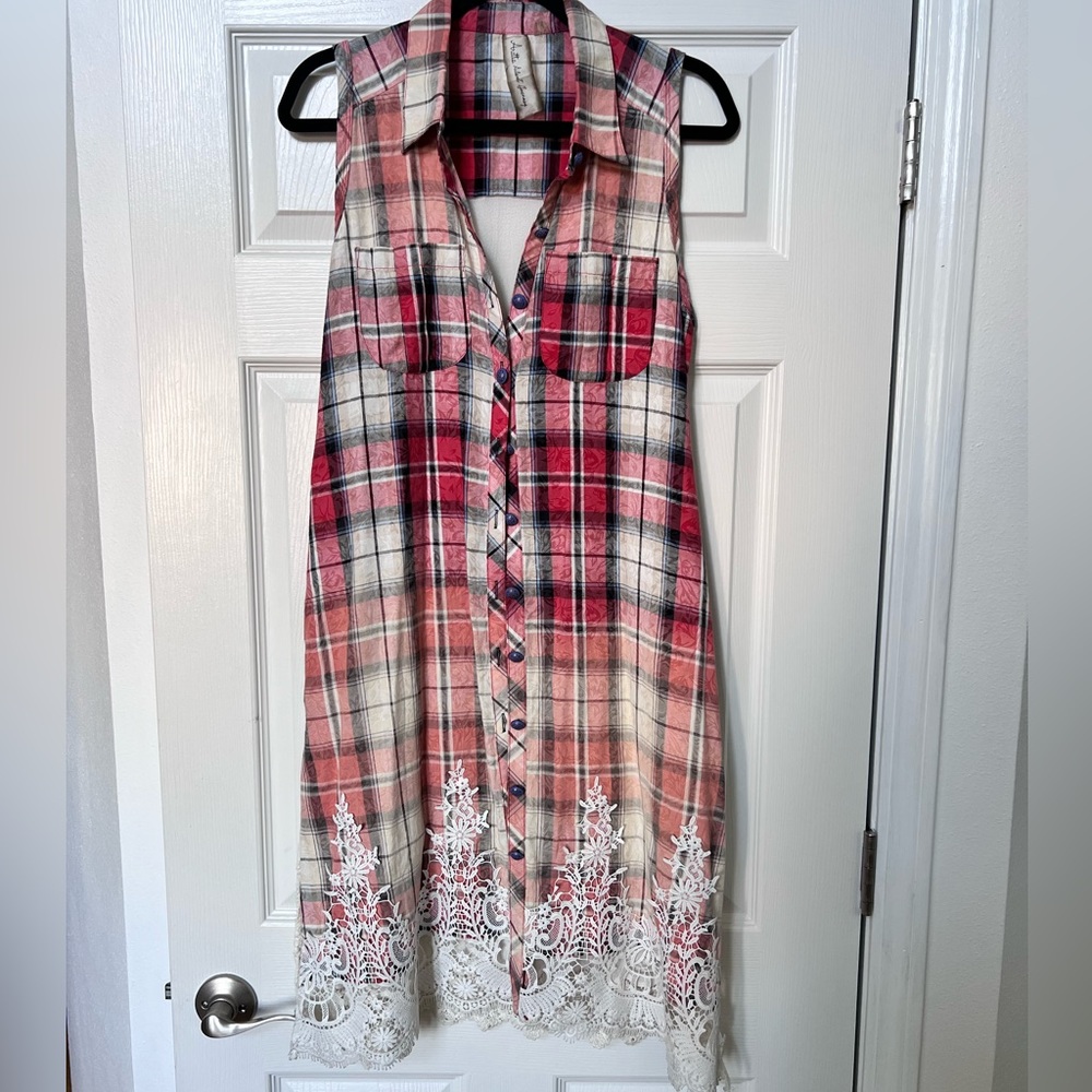 Plaid and floral long vest